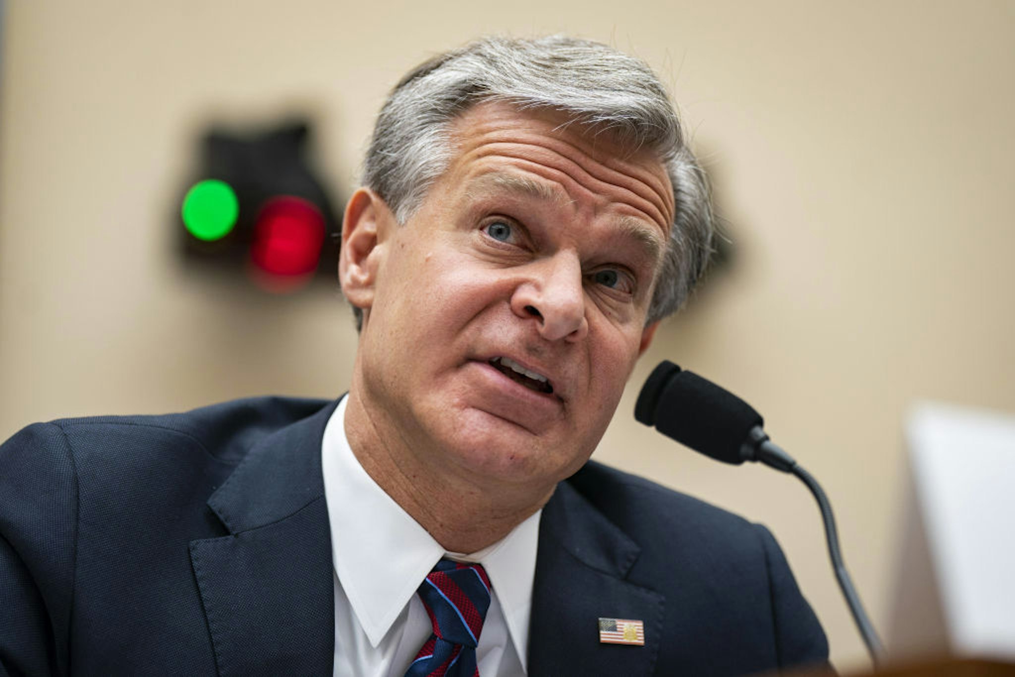 Christopher Wray, director of the Federal Bureau of Investigation (FBI), speaks during a House Judiciary Committee hearing in Washington, DC, US, on Wednesday, July 12, 2023. Wray is testifying before the committee amid calls by some hardline conservatives for his ouster.