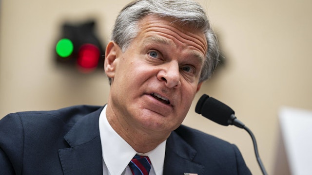 Christopher Wray, director of the Federal Bureau of Investigation (FBI), speaks during a House Judiciary Committee hearing in Washington, DC, US, on Wednesday, July 12, 2023. Wray is testifying before the committee amid calls by some hardline conservatives for his ouster.