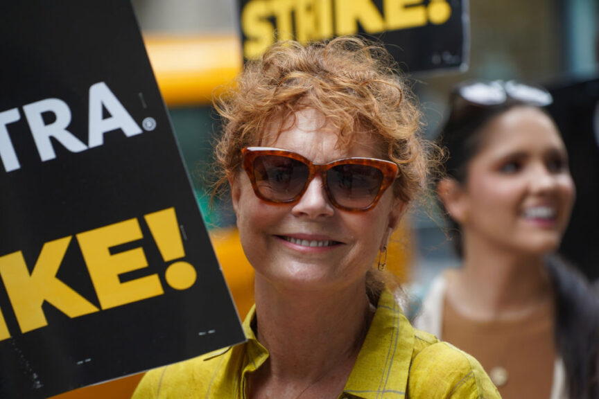 NEW YORK, NY - JULY 19: Susan Sarandon walks the picket line in support of the SAG-AFTRA and WGA strike on July 19, 2023 in New York City. (Photo by JNI/Star Max/GC Images)