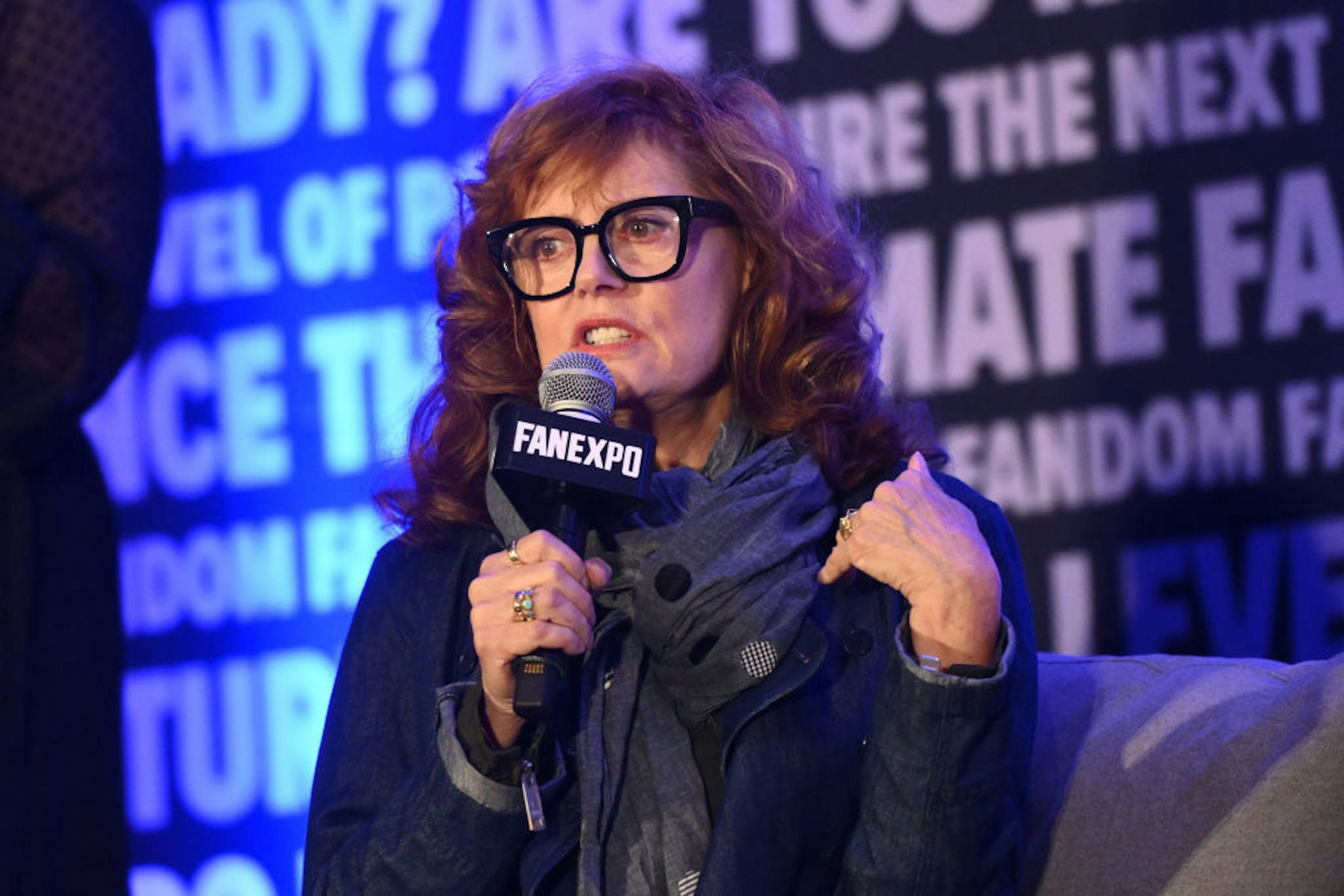 ROSEMONT, ILLINOIS - AUGUST 13: Susan Sarandon speaks on stage during FAN EXPO Chicago at Donald E. Stephens Convention Center on August 13, 2023 in Rosemont, Illinois. (Photo by Daniel Boczarski/Getty Images)
