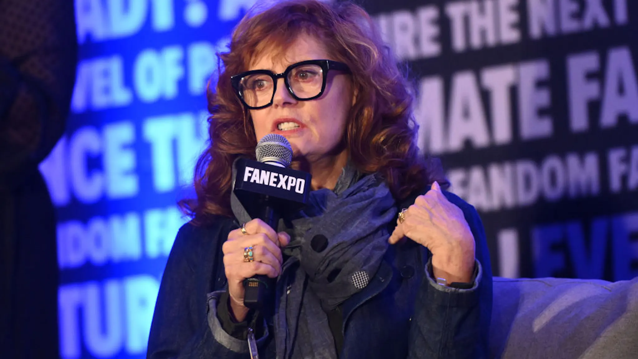 FAN EXPO Chicago 2023 ROSEMONT, ILLINOIS - AUGUST 13: Susan Sarandon speaks on stage during FAN EXPO Chicago at Donald E. Stephens Convention Center on August 13, 2023 in Rosemont, Illinois. (Photo by Daniel Boczarski/Getty Images)