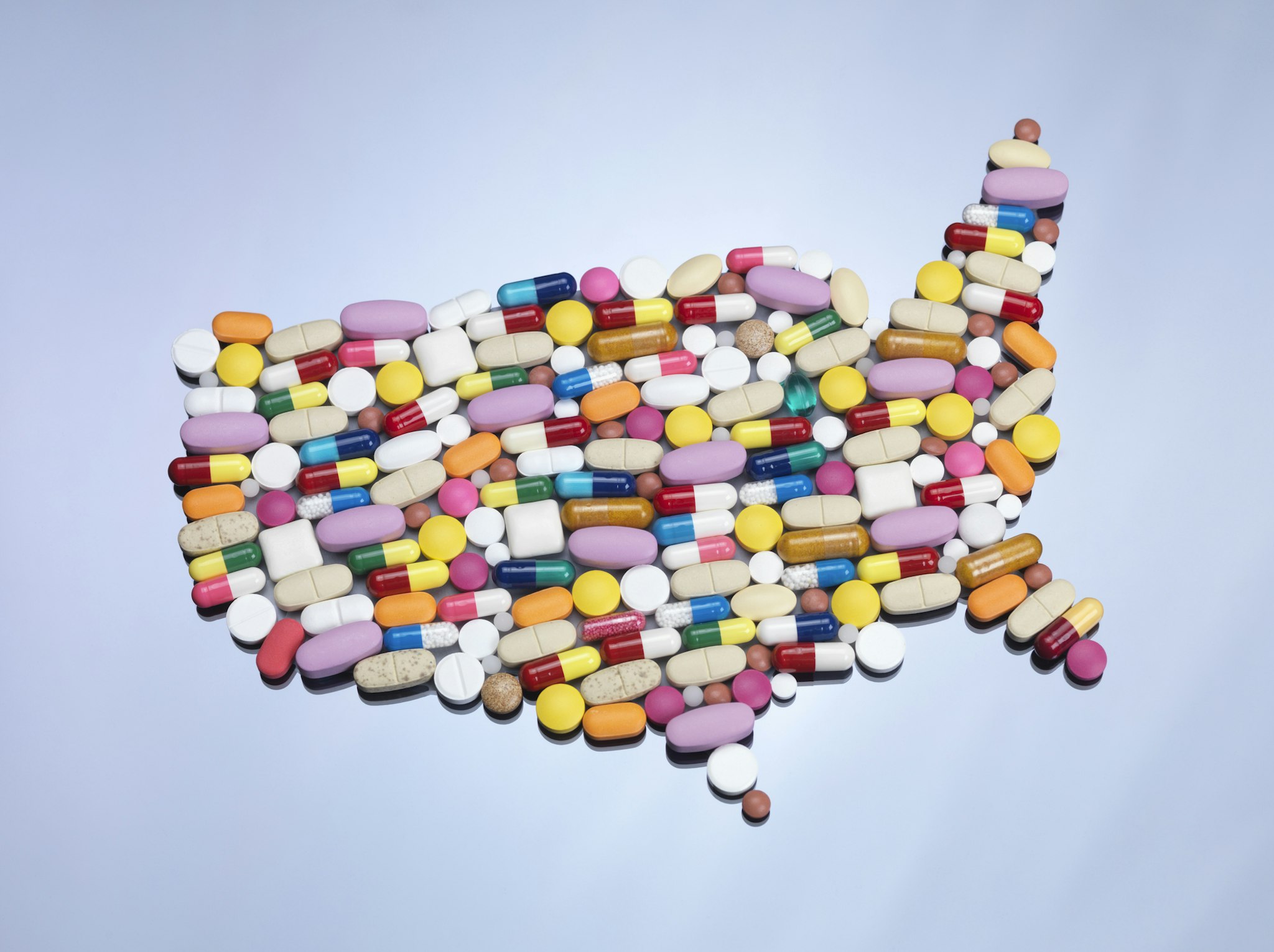 Map of United States of America made up of medicine.Andrew Brookes. Getty Images.