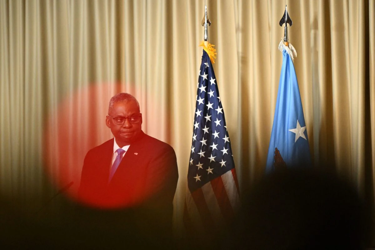 US Secretary of Defence Lloyd Austin gives a statement at Ramstein Air Base, southwestern Germany, at the end of an in-person Ukraine Defence Contact Group meeting on September 19, 2023.