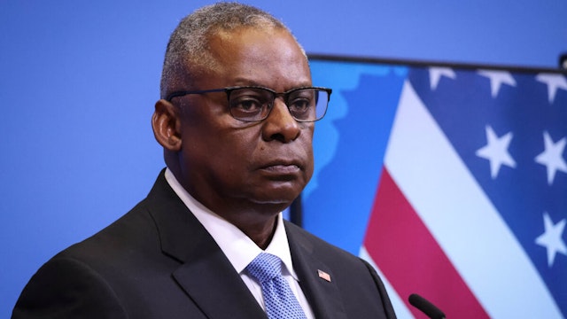 US Defence Secretary Lloyd Austin gives a press conference during the NATO Council Defence Ministers Session at the NATO headquarters in Brussels on October 12, 2023.