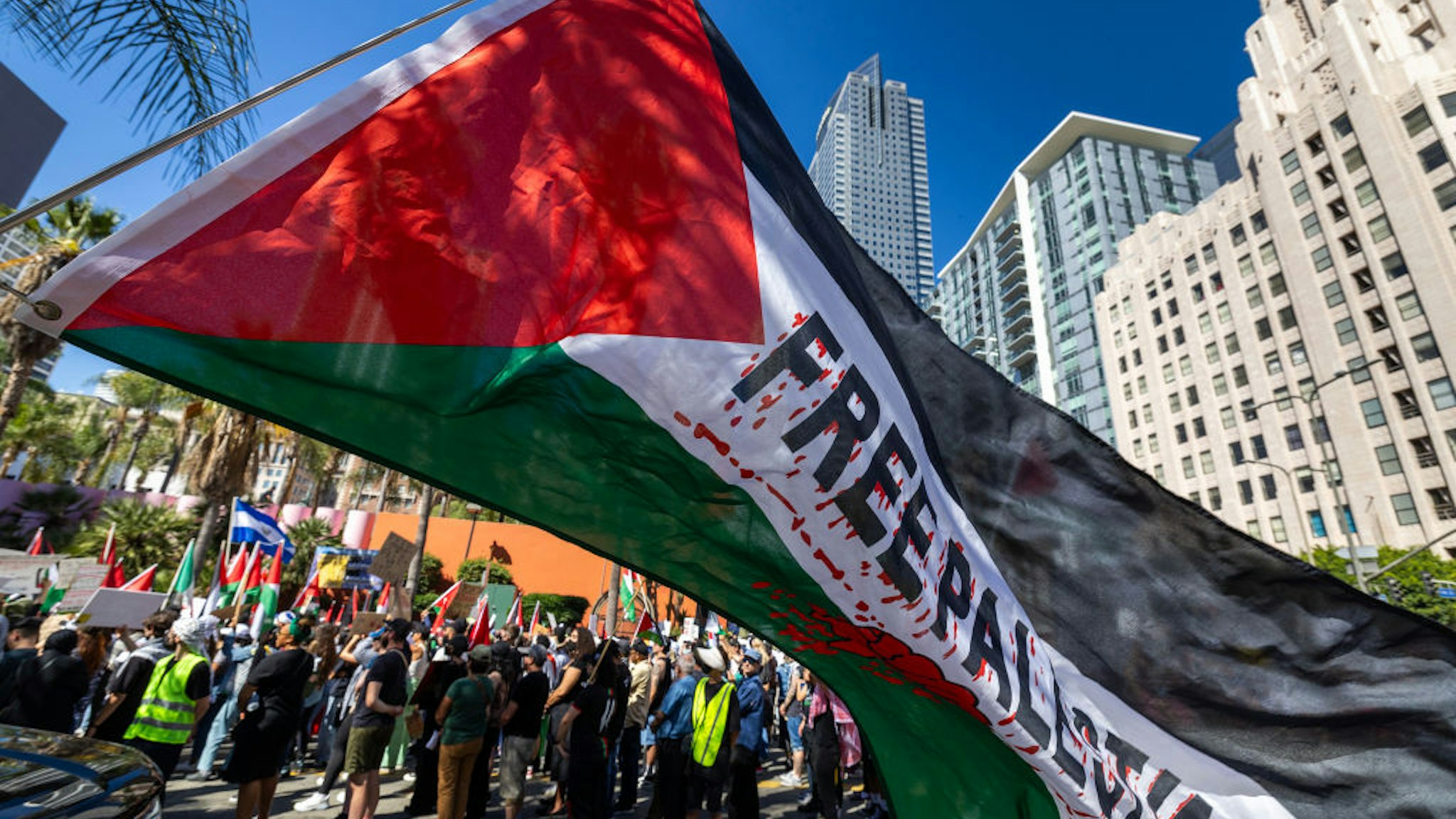 Los Angeles, CA - October 21: Pro-Palestinian marchers protest Israel's attacks on Gaza on Saturday, Oct. 21, 2023 in Los Angeles, CA.