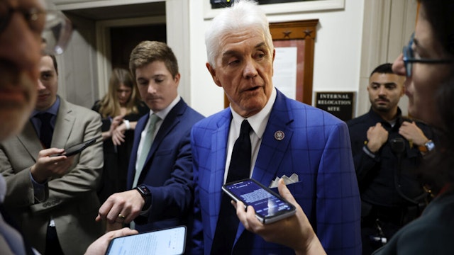 U.S. Rep. Roger Williams (R-TX) leaves a House Republican conference meeting in the Longworth House Office Building on Capitol Hill on October 24, 2023 in Washington, DC.