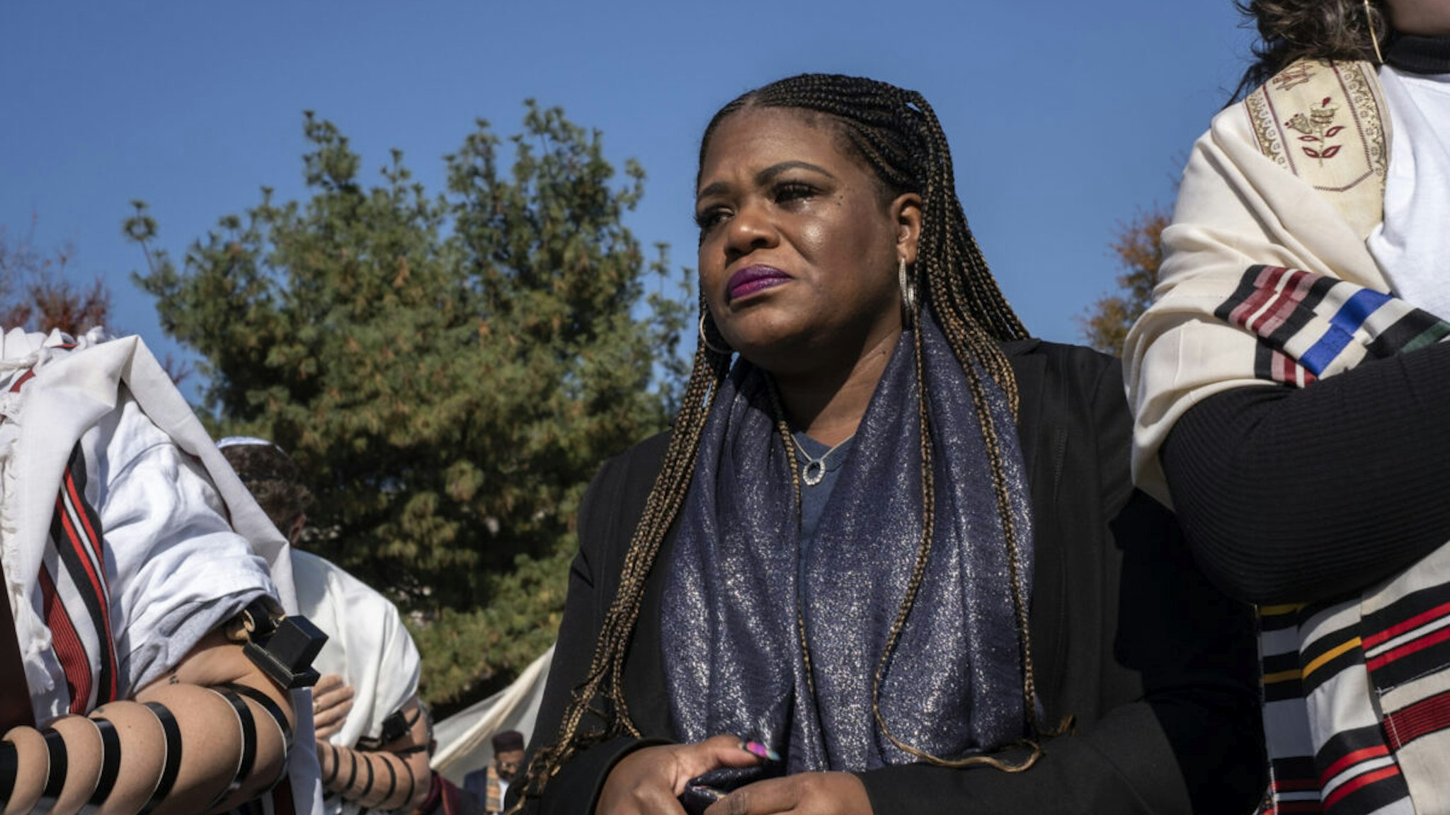 U.S. Rep. Cori Bush takes part in a Jewish Shacharit morning prayer service near the U.S. Capitol on Capitol Hill . Rabbis for Ceasefire held a prayer service to pray for a ceasefire in Gaza.