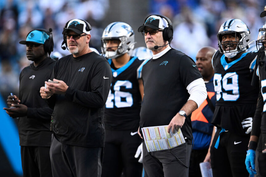 CHARLOTTE, NORTH CAROLINA - NOVEMBER 19: Head coach Frank Reich of the Carolina Panthers looks on against the Dallas Cowboys in the fourth quarter at Bank of America Stadium on November 19, 2023 in Charlotte, North Carolina. (Photo by Eakin Howard/Getty Images)
