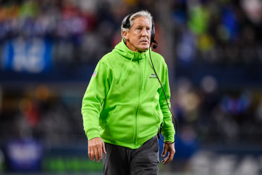 SEATTLE, WASHINGTON - NOVEMBER 23: Head Coach Pete Carroll of the Seattle Seahawks looks on during the first half of the game against the San Francisco 49ers at Lumen Field on November 23, 2023 in Seattle, Washington. (Photo by Jane Gershovich/Getty Images)