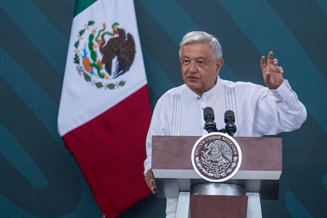 Andres Manuel Lopez Obrador, Mexico's president, speaks during a news conference prior to the inauguration of Maya Train line in Campeche, Mexico, on Friday, Dec. 15, 2023. Mexican President AMLOs flagship works have significantly exceed their original budget and cost increases have become a constant in the construction of the Maya Train, which has exceeded the cost of the Dos Bocas refinery, according to the most recent estimates released by the Mexican government. Photographer: Koral Carballo/Bloomberg via Getty Images