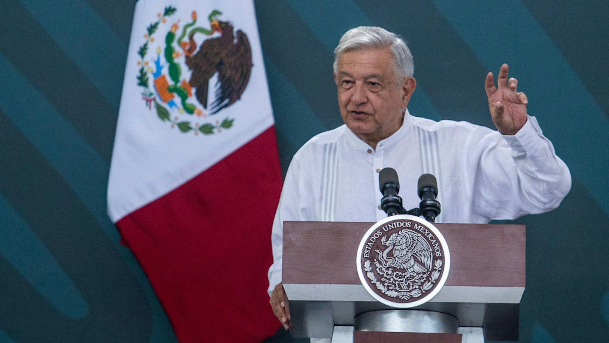 President AMLO Inaugurates Mexico’s Flagship Maya Train Line Andres Manuel Lopez Obrador, Mexico's president, speaks during a news conference prior to the inauguration of Maya Train line in Campeche, Mexico, on Friday, Dec. 15, 2023. Mexican President AMLOs flagship works have significantly exceed their original budget and cost increases have become a constant in the construction of the Maya Train, which has exceeded the cost of the Dos Bocas refinery, according to the most recent estimates released by the Mexican government. Photographer: Koral Carballo/Bloomberg via Getty Images