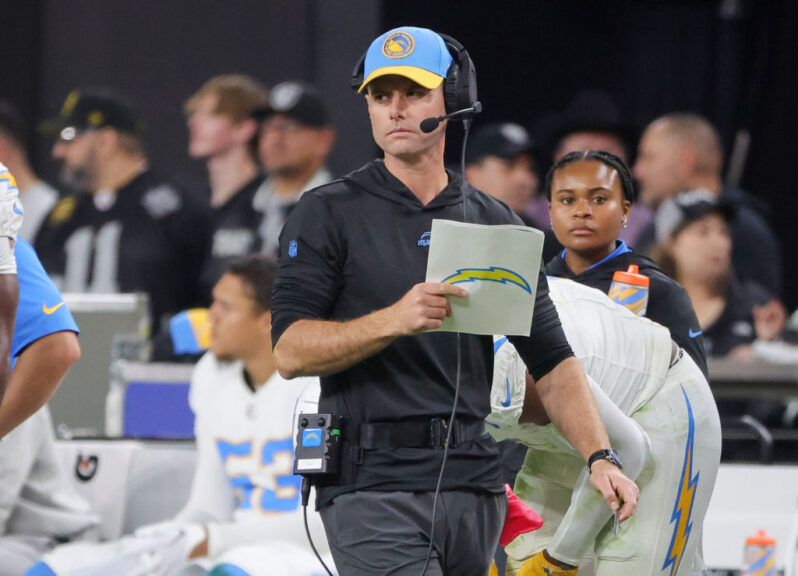 LAS VEGAS, NEVADA - DECEMBER 14: Head coach Brandon Staley of the Los Angeles Chargers looks on in the fourth quarter of a game against the Las Vegas Raiders at Allegiant Stadium on December 14, 2023 in Las Vegas, Nevada. The Raiders defeated the Chargers 63-21. (Photo by Ethan Miller/Getty Images)