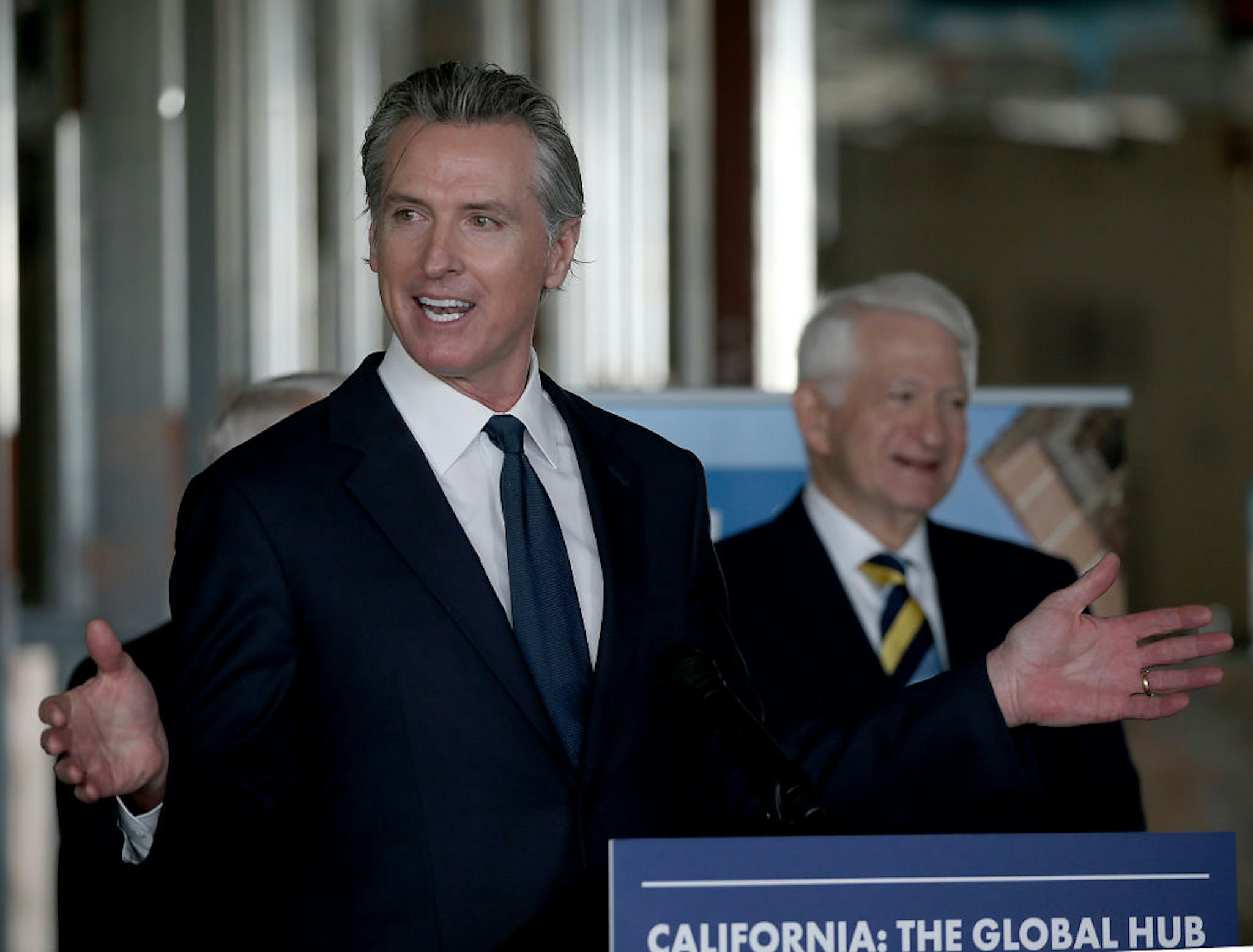 Los Angeles, CA - California Governor Gavin Newsom,speaks to University of California and elected officials on a tour of the former Westside Pavilion shopping center in Los Angeles on Wednesday, Jan. 3, 2024. The structure is being converted into a new science learning and research center connected to UCLA.