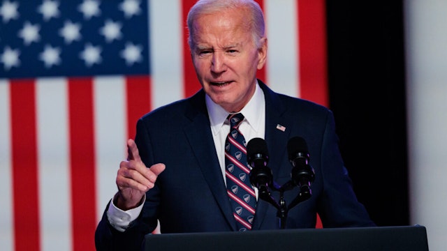 US President Joe Biden speaks during an event marking the three-year anniversary of the January 6 insurrection at the US Capitol, at Montgomery County Community College in Blue Bell, Pennsylvania, US, on Friday, Jan. 5, 2024. The president has used the anniversary of the attempted Jan. 6 insurrection before to argue that his predecessor's brand of politics is at odds with the nation's core ideas, including in a speech from the Capitol Rotunda a year after Trump's supporters sought to disrupt certification of Biden's election.