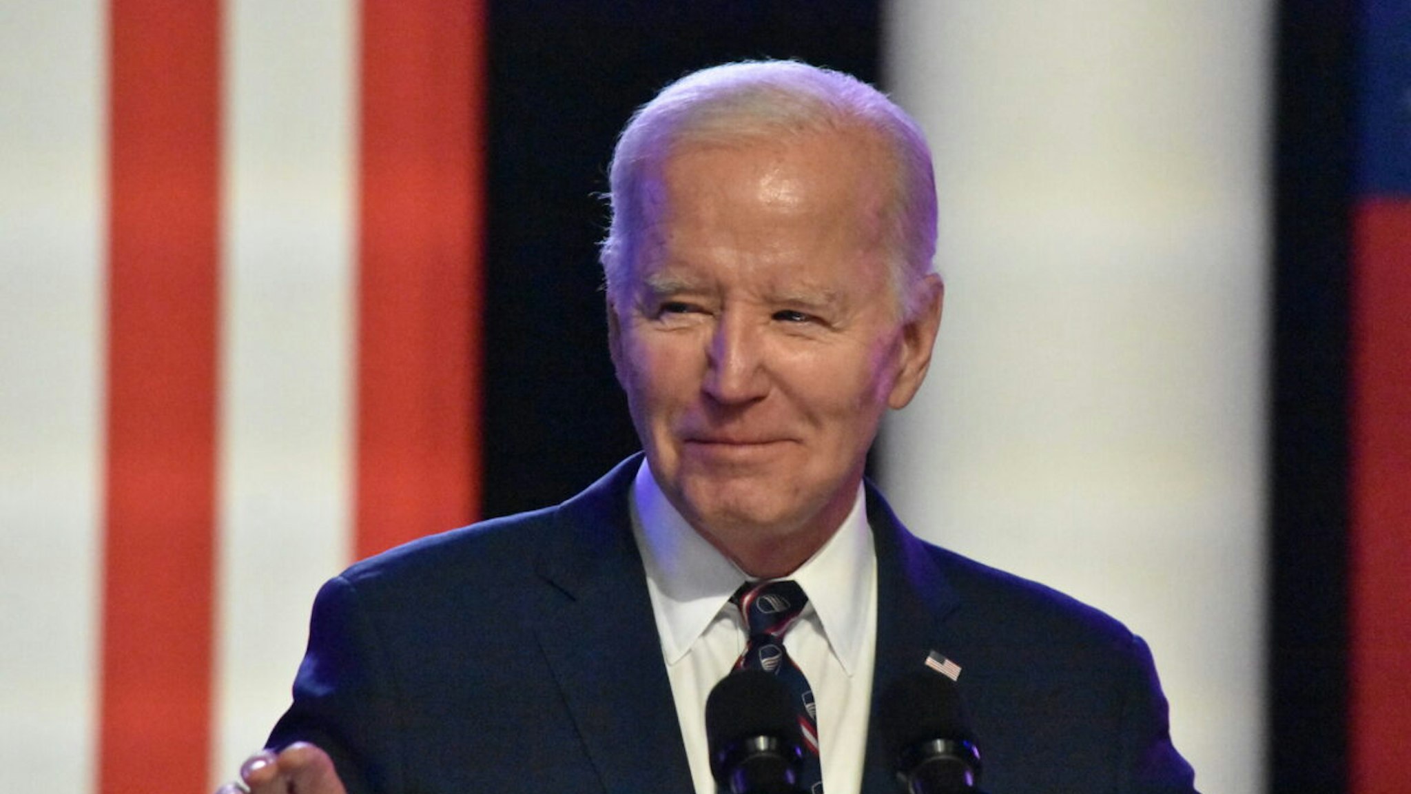 US President Joe Biden speaks at Montgomery County Community College in Blue Bell, Pennsylvania, on January 5, 2024. Biden's speech comes ahead of the third anniversary of the assault on the US Capitol.