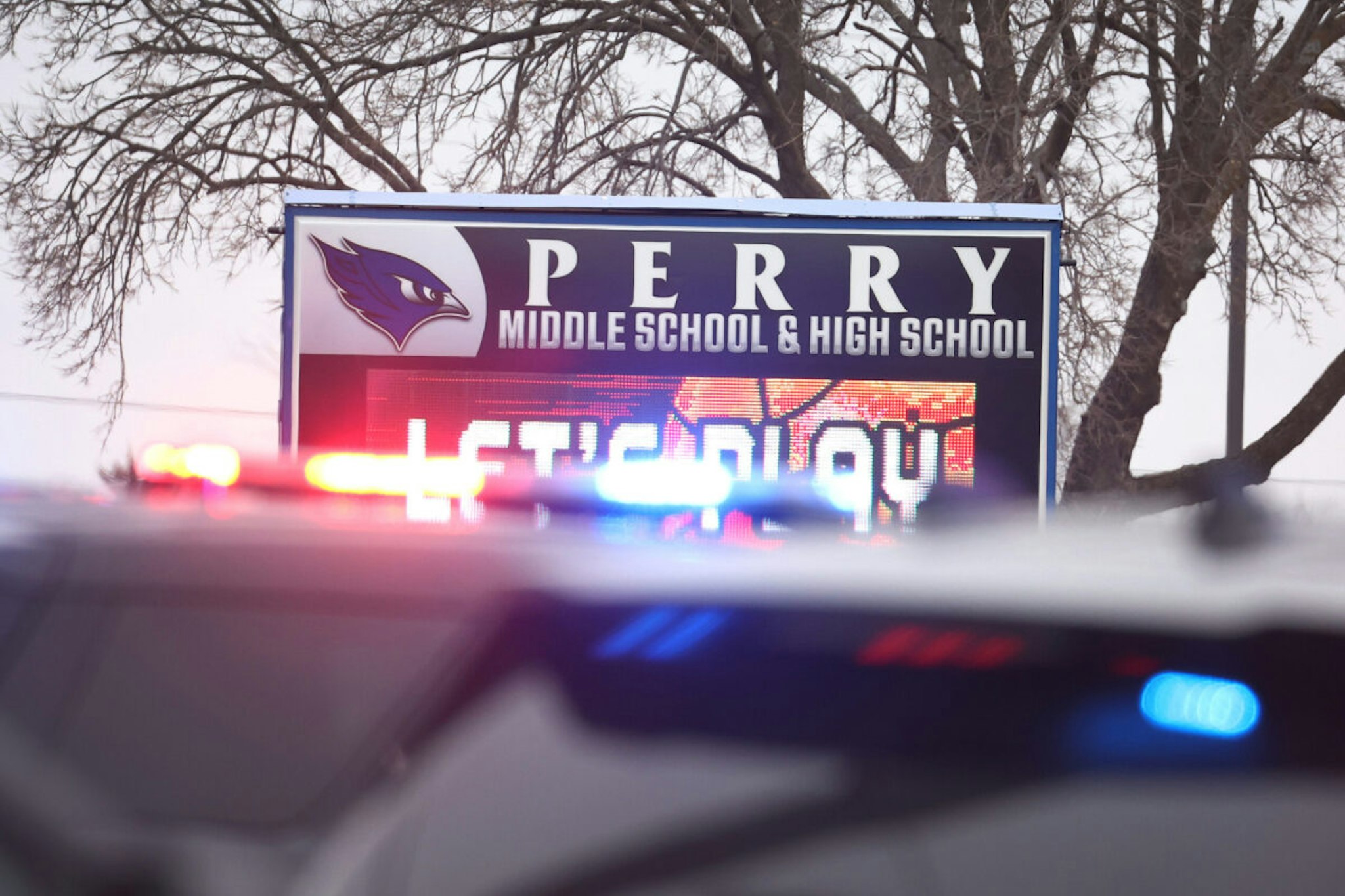 PERRY, IOWA - JANUARY 04: Police respond to a school shooting at the Perry Middle School and High School complex on January 04, 2024 in Perry, Iowa. Students were returning to classes today following the holiday break.