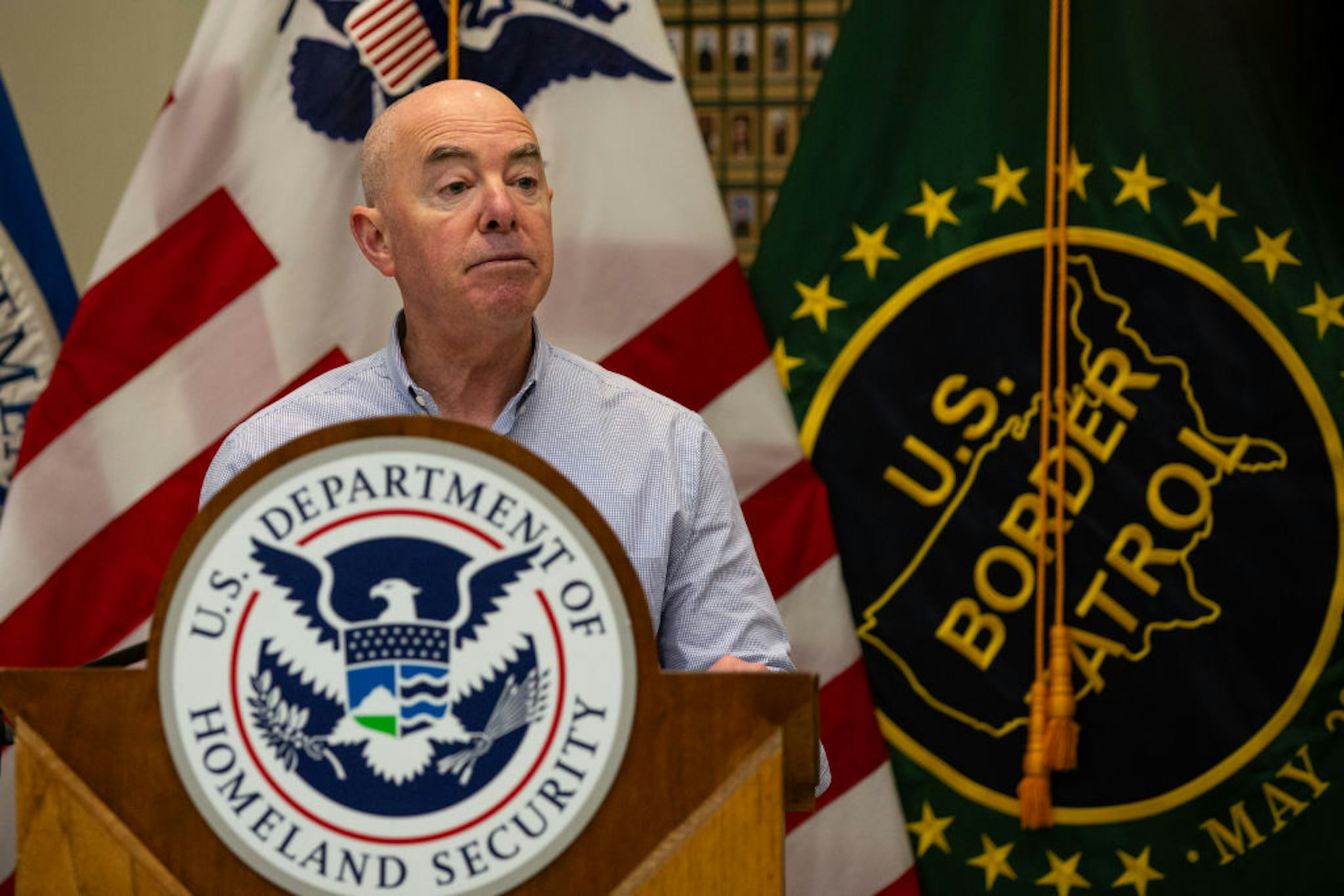 Alejandro Mayorkas, secretary of the US Department of Homeland Security (DHS), during a news conference while visiting the US-Mexico border in Eagle Pass, Texas, US, on Monday, Jan. 8, 2024. With Senate negotiations on border policy stuck in a partisan deadlock, the issue has become an early battleground in the 2024 election spurred by former President Donald Trump, the front-runner for the Republican presidential nomination.