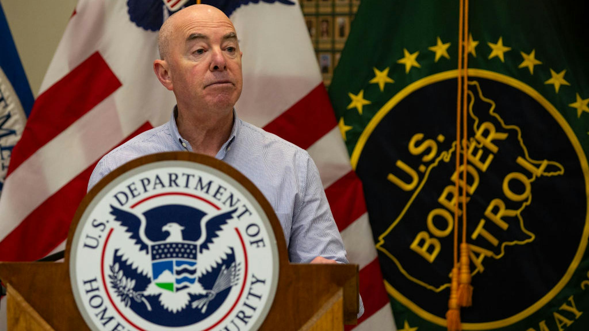 Secretary Mayorkas Visits US-Mexico Border Alejandro Mayorkas, secretary of the US Department of Homeland Security (DHS), during a news conference while visiting the US-Mexico border in Eagle Pass, Texas, US, on Monday, Jan. 8, 2024. With Senate negotiations on border policy stuck in a partisan deadlock, the issue has become an early battleground in the 2024 election spurred by former President Donald Trump, the front-runner for the Republican presidential nomination.