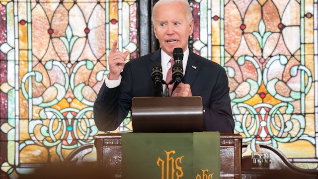 CHARLESTON, SOUTH CAROLINA - JANUARY 08: President Joe Biden speaks during a campaign event at Emanuel AME Church on January 8, 2024 in Charleston, South Carolina. The church was the site of a 2015 shooting massacre perpetrated by a white supremacist. (Photo by Sean Rayford/Getty Images)