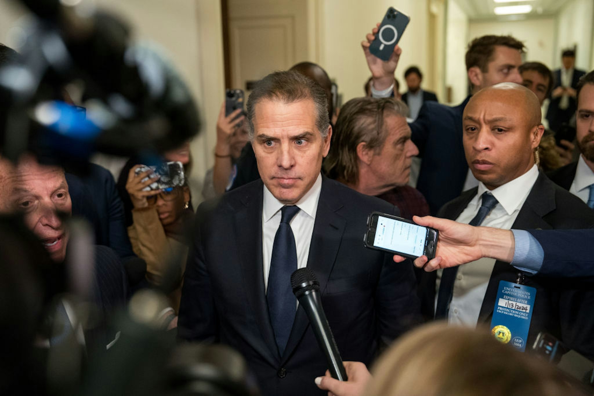 WASHINGTON, DC - JANUARY 10: Hunter Biden, son of U.S. President Joe Biden, departs a House Oversight Committee meeting at Capitol Hill on January 10, 2024 in Washington, DC. The committee is meeting today as it considers citing him for Contempt of Congress. (Photo by Kent Nishimura/Getty Images)