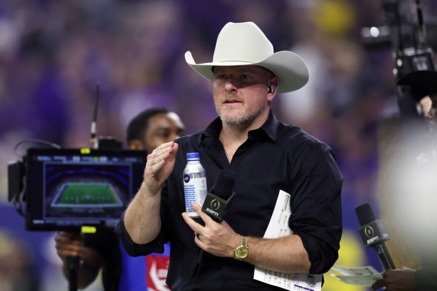 HOUSTON, TEXAS - JANUARY 08: Analyst Pat McAfee reacts in the first half between the Washington Huskies and Michigan Wolverines during the 2024 CFP National Championship game at NRG Stadium on January 08, 2024 in Houston, Texas. (Photo by Maddie Meyer/Getty Images)