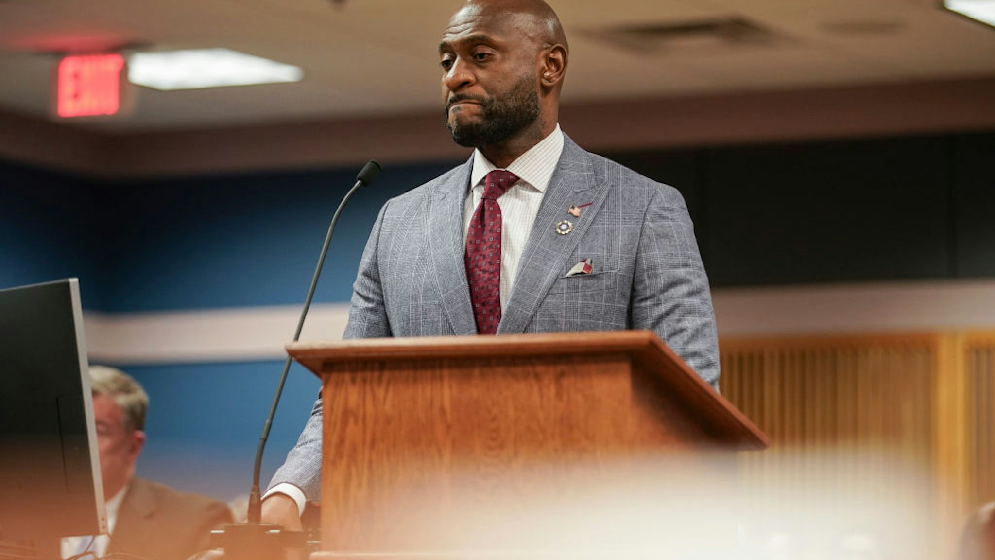 ATLANTA, GA - JANUARY 12: Special prosecutor Nathan Wade speaks during a motions hearing for former U.S. President Donald Trump's election interference case at the Lewis R. Slaton Courthouse on January 12, 2024 in Atlanta, Georgia.