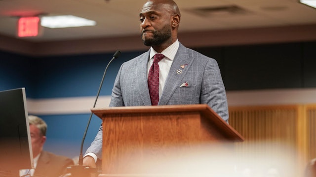 ATLANTA, GA - JANUARY 12: Special prosecutor Nathan Wade speaks during a motions hearing for former U.S. President Donald Trump's election interference case at the Lewis R. Slaton Courthouse on January 12, 2024 in Atlanta, Georgia.