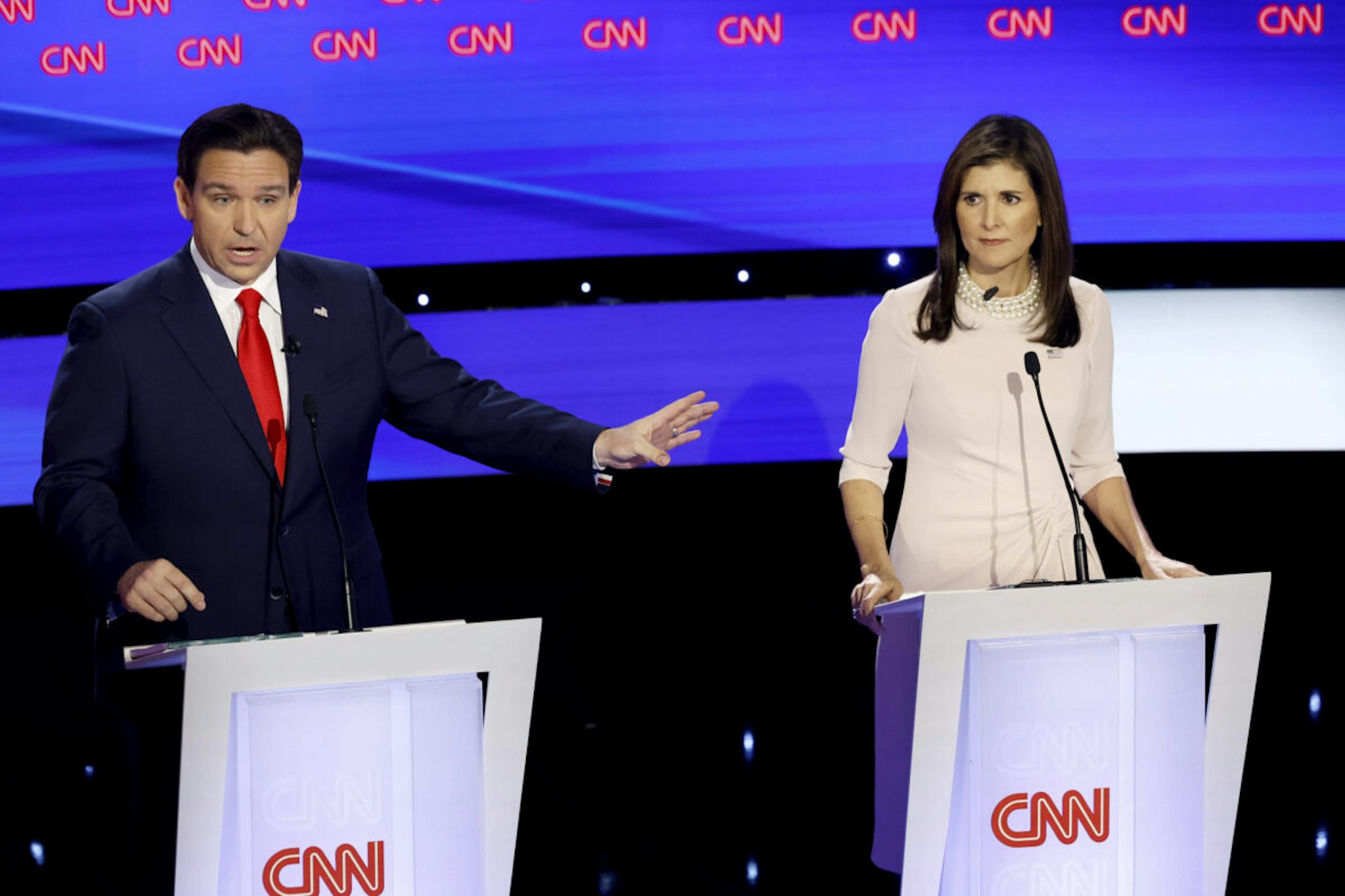 DES MOINES, IOWA - JANUARY 10: Republican presidential candidates Florida Gov. Ron DeSantis and former U.N. Ambassador Nikki Haley participate in the CNN Republican Presidential Primary Debate in Sheslow Auditorium at Drake University on January 10, 2024 in Des Moines, Iowa. DeSantis and Haley both qualified for this final debate before the Iowa caucuses, while former President Donald Trump declined to participate and instead held a simultaneous town hall event live on FOX News.