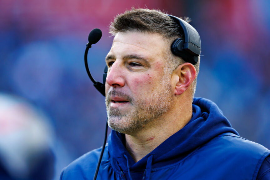 NASHVILLE TENNESSEE - JANUARY 07: Head Coach Mike Vrabel of the Tennessee Titans during the game against the Jacksonville Jaguars in Nashville, Tennessee at Nissan Stadium on January 7, 2024 in Houston, Texas. The Titans defeated the Jaguars 28-20. (Photo by Wesley Hitt/Getty Images)