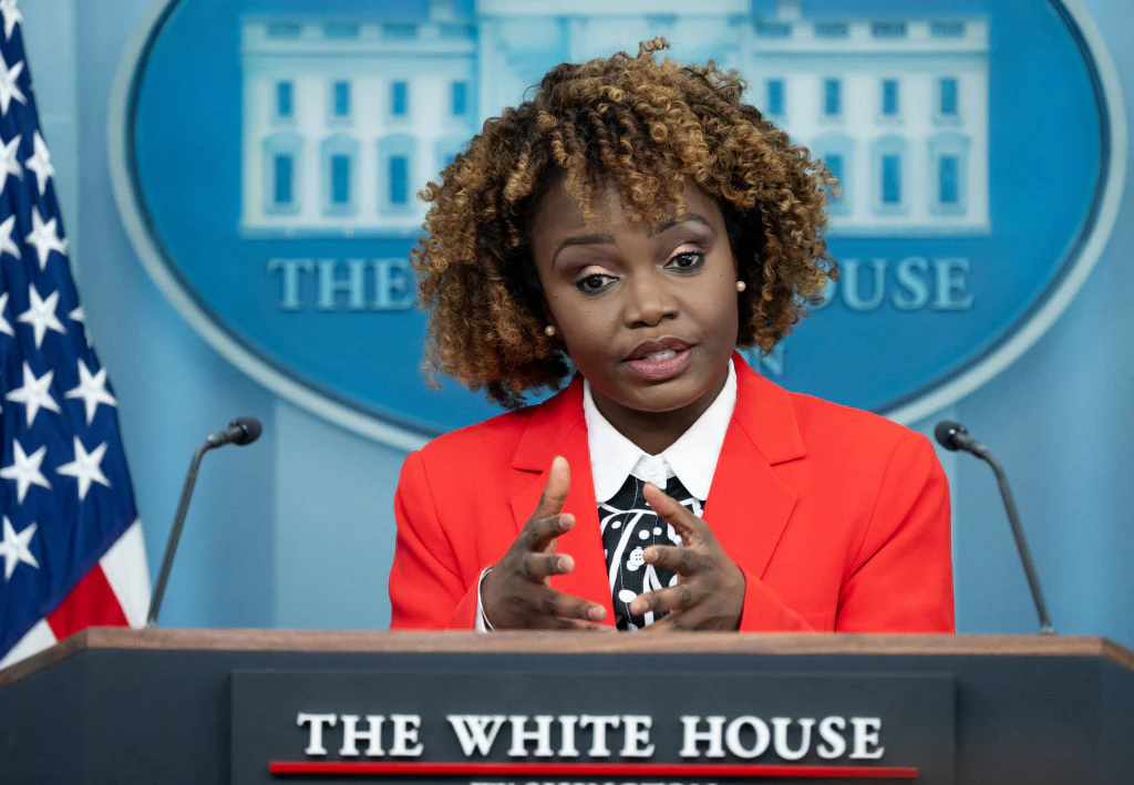 White House Press Secretary Karine Jean-Pierre speaks during a press briefing in the Brady Press Briefing Room of the White House in Washington, DC, January 17, 2024. (Photo by SAUL LOEB / AFP) (Photo by SAUL LOEB/AFP via Getty Images)