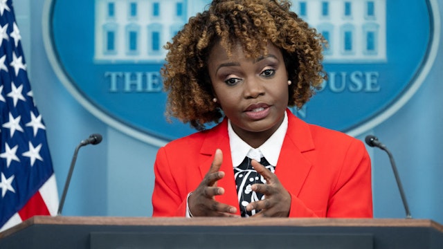 White House Press Secretary Karine Jean-Pierre speaks during a press briefing in the Brady Press Briefing Room of the White House in Washington, DC, January 17, 2024. (Photo by SAUL LOEB / AFP) (Photo by SAUL LOEB/AFP via Getty Images)