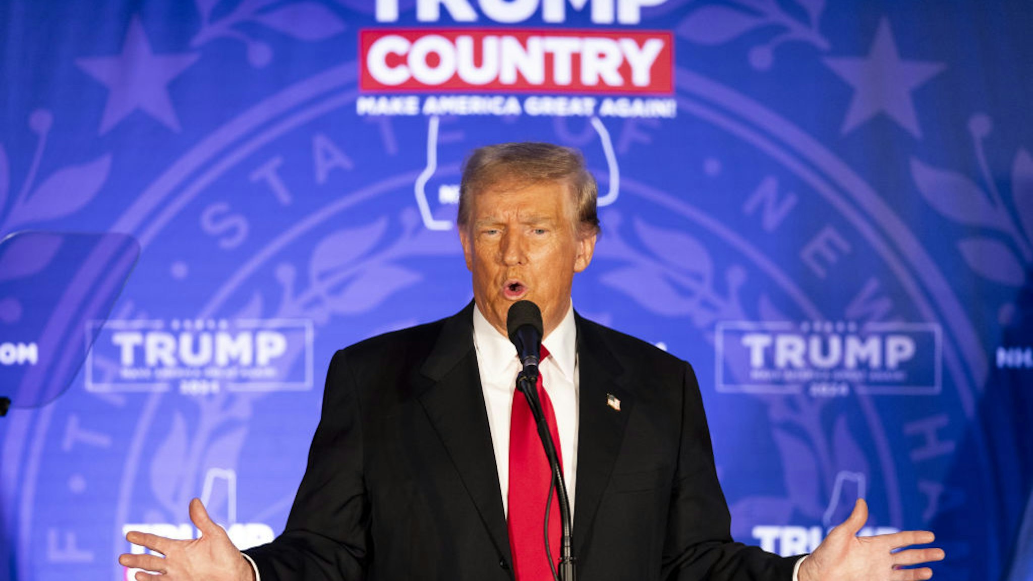 Former US President Donald Trump speaks during a campaign event in Portsmouth, New Hampshire, US, on Wednesday, Jan. 17, 2024. Trump signaled he would again make his stance on China a key part of his US presidential campaign strategy, drawing an unsubstantiated correlation between turbulence in the nations equity markets and his runaway Iowa Republican caucus victory.