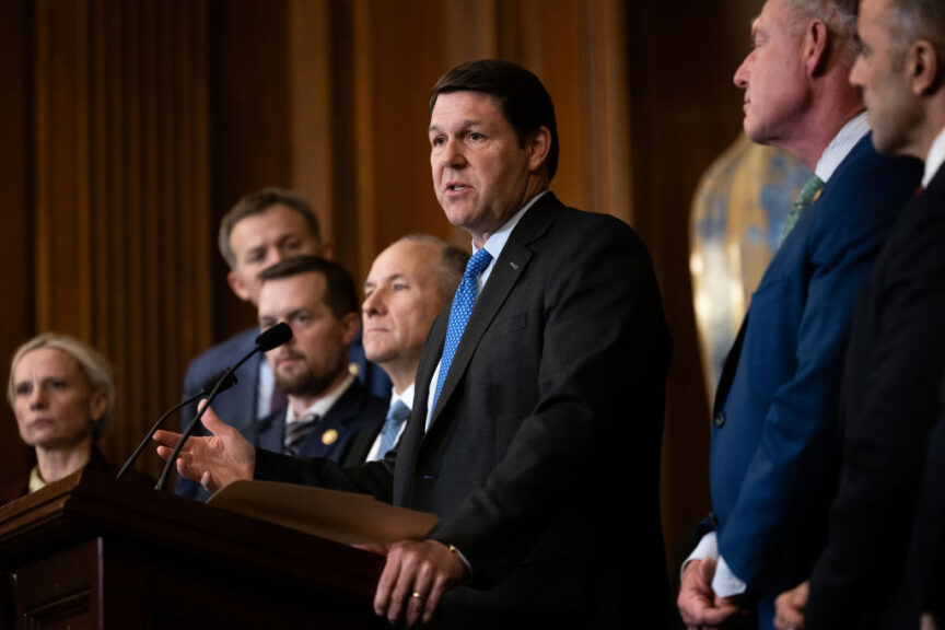 Representative Jodey Arrington, a Republican from Texas, center, speaks during a news conference at the US Capitol in Washington, DC, US, on Thursday, Jan. 18, 2024. Congress passed a temporary spending bill to avert a partial US government shutdown this weekend, sending the legislation to President Joe Biden for his expected signature. Photographer: Julia Nikhinson/Bloomberg via Getty Images
