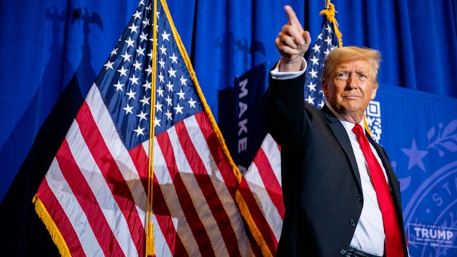 Republican presidential candidate, former U.S. President Donald Trump points to supporters at the conclusion of a campaign rally at the Atkinson Country Club on January 16, 2024 in Atkinson, New Hampshire.