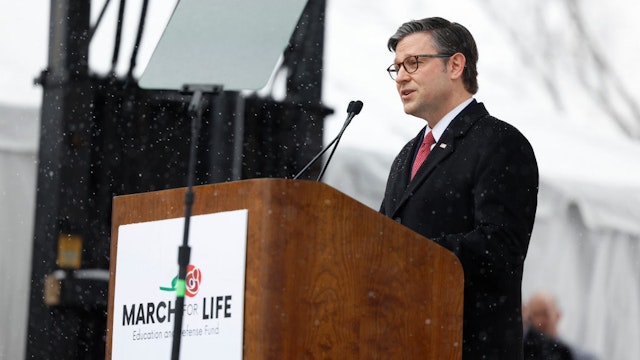 WASHINGTON, DC - JANUARY 19: U.S. Speaker of the House Mike Johnson (R-LA) delvers remarks during the annual March for Life rally on the National Mall on January 19, 2024 in Washington, DC. Amidst snow and freezing temperatures anti-abortion activists attended the annual march that marked the anniversary of the Supreme Court’s, now overturned, 1973, Roe v. Wade ruling which legalized abortion in all 50 states.