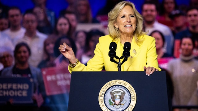 US First Lady Jill Biden speaks at a reproductive freedom campaign rally at George Mason University in Manassas, Virginia, US, on Tuesday, Jan. 23, 2024. US President Joe Biden on Monday said November's election would play a critical role in determining abortion rights and criticized restrictions on access to the procedure as cruel as he announced new executive actions designed to increase access to reproductive health care. Photographer: Julia Nikhinson/Bloomberg via Getty Images