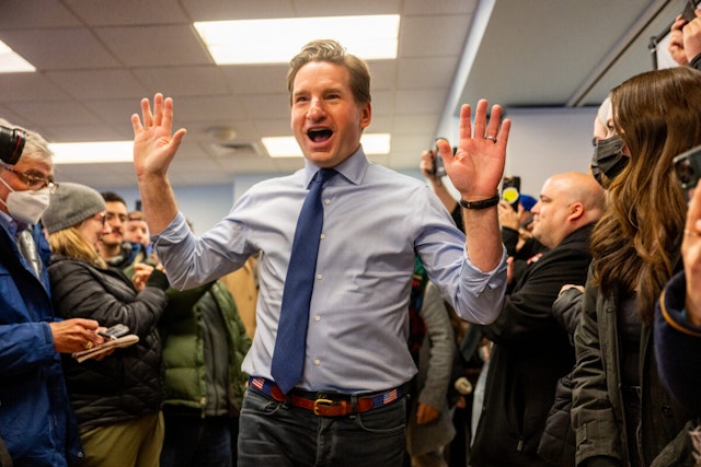 Democratic challenger U.S. Rep. Dean Phillips is greeted by supporters during a campaign rally on January 20, 2024 in Nashua, New Hampshire.