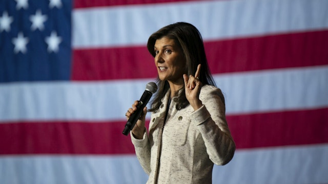 Republican presidential hopeful and former UN Ambassador Nikki Haley holds a rally on January 24, 2024 in North Charleston, South Carolina.