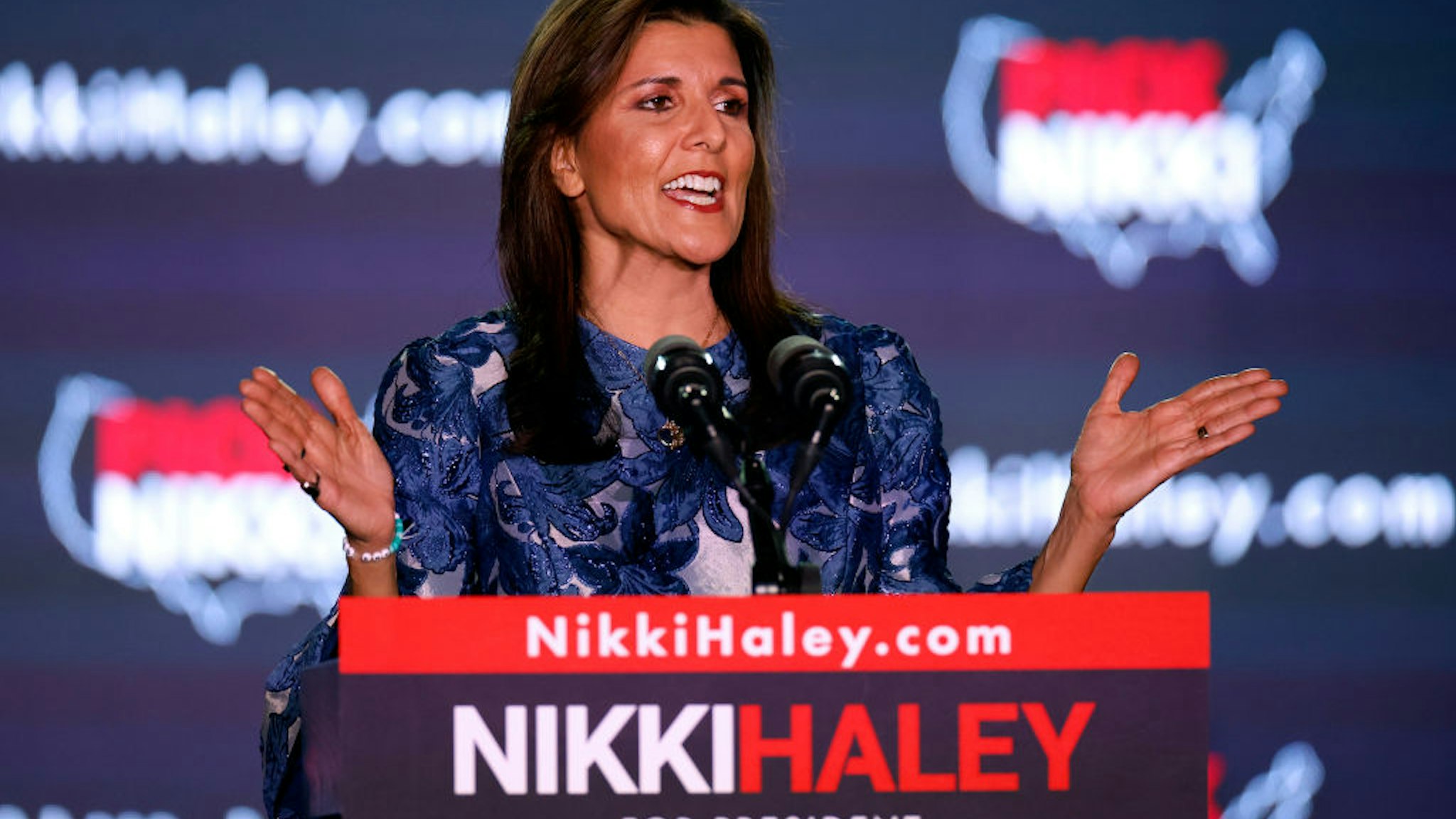CONCORD, NEW HAMPSHIRE - JANUARY 23: Republican presidential candidate former U.N. Ambassador Nikki Haley delivers remarks at her primary night rally at the Grappone Conference Center on January 23, 2024 in Concord, New Hampshire. New Hampshire voters cast their ballots in their state's primary election today. With Florida Governor Ron DeSantis dropping out of the race Sunday, former President Donald Trump and former UN Ambassador Nikki Haley are battling it out in this first-in-the-nation primary. (Photo by Tasos Katopodis/Getty Images)