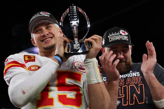 BALTIMORE, MARYLAND - JANUARY 28: Patrick Mahomes #15 of the Kansas City Chiefs holds the Lamar Hunt Trophy with Travis Kelce #87 after the AFC championship game against the Baltimore Ravens at M&amp;T Bank Stadium on January 28, 2024 in Baltimore, Maryland. (Photo by Kara Durrette/Getty Images)
