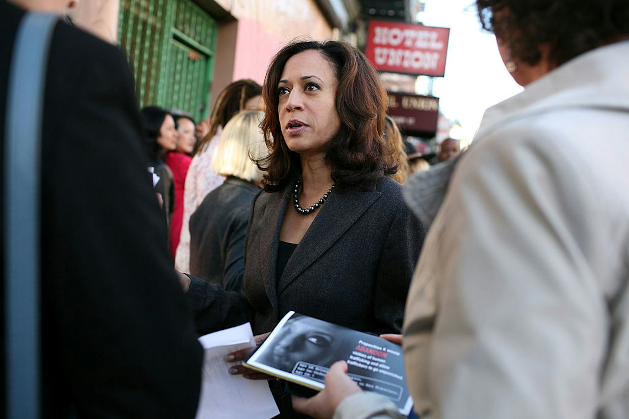 SAN FRANCISCO - OCTOBER 29: San Francisco District Attorney Kamala Harris speaks to supporters before a No on K press conference October 29, 2008 in San Francisco, California. San Francisco ballot measure Proposition K seeks to stop enforcing laws against prostitution. (Photo by Justin Sullivan/Getty Images)