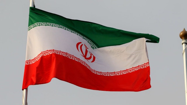 The national flag of the Islamic Republic of Iran as a participating country at the 12th St. Petersburg International Gas Forum (SPIGF 2023). (Photo by Maksim Konstantinov/SOPA Images/LightRocket via Getty Images)
