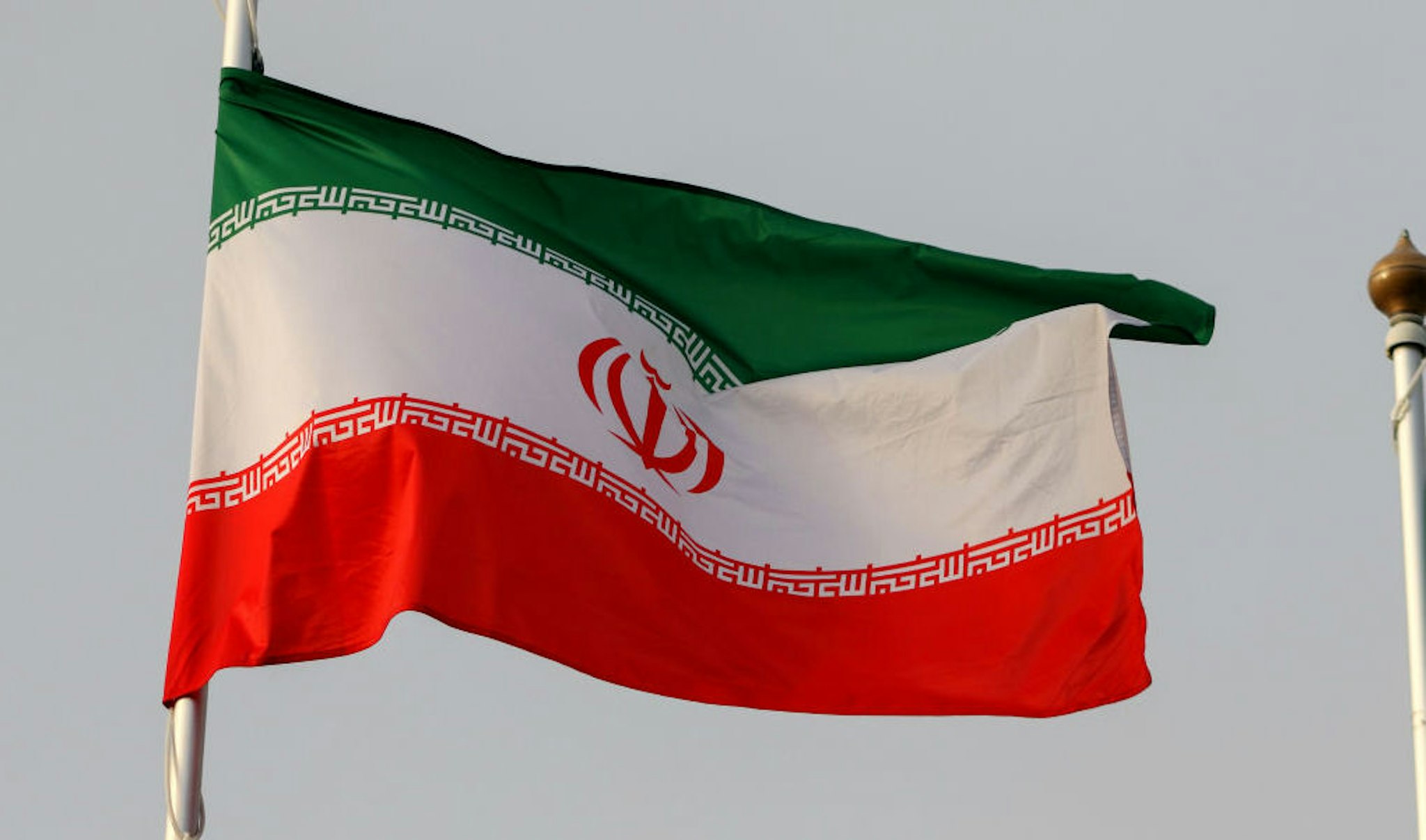 SAINT PETERSBURG, RUSSIA - 2023/11/02: The national flag of the Islamic Republic of Iran as a participating country at the 12th St. Petersburg International Gas Forum (SPIGF 2023). (Photo by Maksim Konstantinov/SOPA Images/LightRocket via Getty Images)