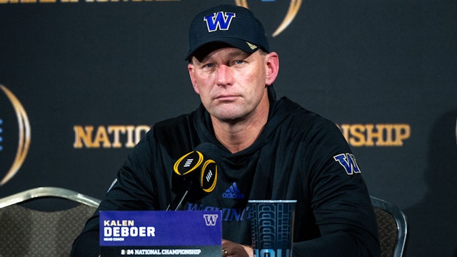 HOUSTON, TEXAS - JANUARY 08: Head Football Coach Kalen DeBoer of the Washington Huskies speaks to media during the post game press conference after the 2024 CFP National Championship game against the Michigan Wolverines at NRG Stadium on January 08, 2024 in Houston, Texas. The Michigan Wolverines won the game 34-13.