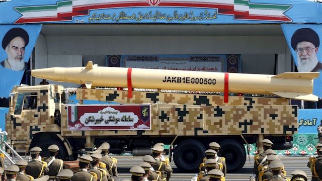 Iranian missile Kheibar Shekan on display during the annual military parade marking the anniversary of the outbreak of the devastating 1980-1988 war with Saddam Hussein's Iraq, in the capital Tehran on September 22, 2022.