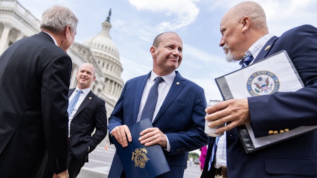 UNITED STATES - SEPTEMBER 12: From right, Rep. Chip Roy, R-Texas, Sen. Mike Lee, R-Utah, Kevin Roberts, president of The Heritage Foundation, and Rep. Ralph Norman, R-S.C., attend a news conference with members of the House Freedom Caucus on government funding outside the U.S. Capitol on Tuesday, September 12, 2023.