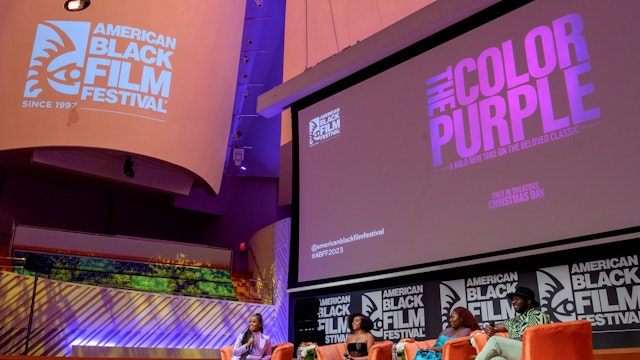 Gia Peppers, Taraji P Henson, Danielle Brooks, and Blitz Bazawule speak on the panel at "The Color Purple" screening during the American Black Film Festival at New World Center on June 17, 2023 in Miami Beach, Florida.