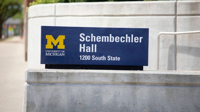 ANN ARBOR, MI - JUNE 16: A sign for Schembechler Hall, named for former University of Michigan football coach Bo Schembechler, is shown on the UM campus on June 16, 2021 in Ann Arbor, Michigan.