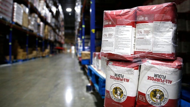 PEMBROKE, NH - OCTOBER 14: Some of the 15,000 cases of King Arthur's Flour on hand Associated Grocers of New England, Inc., a supplier for independent stores around the region, at the warehouse in Pembroke, NH on Oct. 14, 2020.