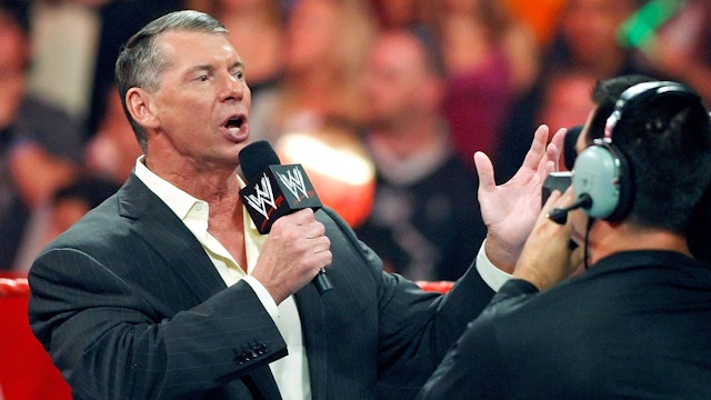LAS VEGAS - AUGUST 24: World Wrestling Entertainment Inc. Chairman Vince McMahon appears in the ring during the WWE Monday Night Raw show at the Thomas &amp; Mack Center August 24, 2009 in Las Vegas, Nevada.